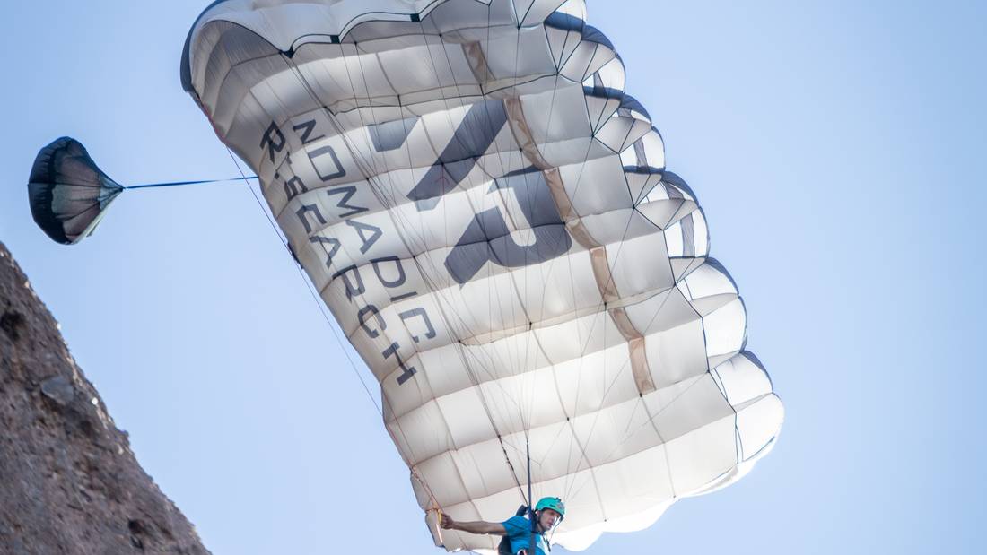A branded canopy in flight