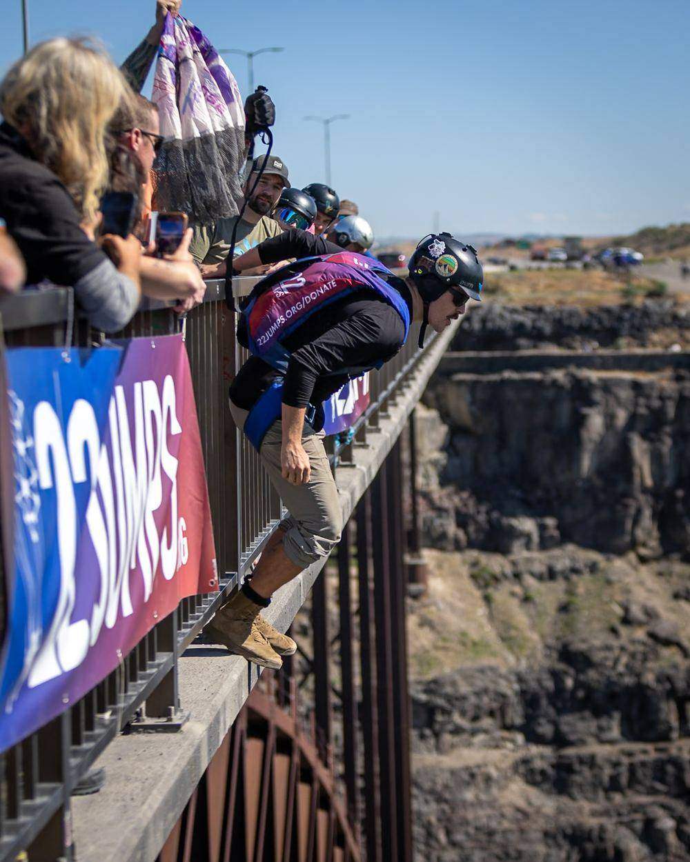 A jumper under the 22 Jumps canopy at the Perrine Bridge