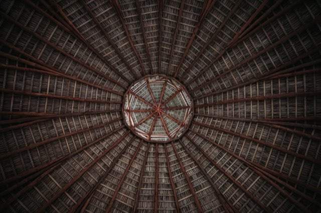 Looking up at the ceiling of a retreat maloca