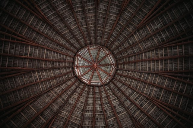 Looking up at the ceiling of a retreat maloca