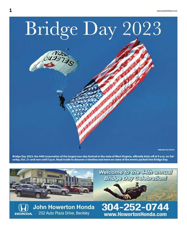Cover of The Fayette Tribune Bridge Day 2023 section: a jumper under canopy beside an American flag